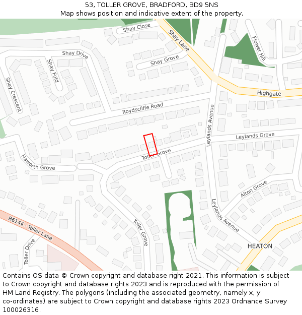 53, TOLLER GROVE, BRADFORD, BD9 5NS: Location map and indicative extent of plot