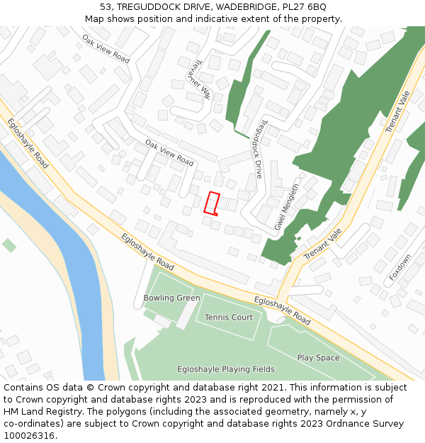 53, TREGUDDOCK DRIVE, WADEBRIDGE, PL27 6BQ: Location map and indicative extent of plot