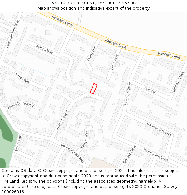 53, TRURO CRESCENT, RAYLEIGH, SS6 9RU: Location map and indicative extent of plot