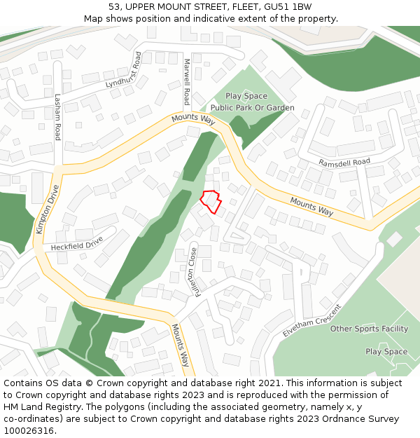 53, UPPER MOUNT STREET, FLEET, GU51 1BW: Location map and indicative extent of plot