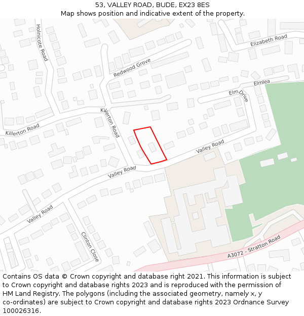 53, VALLEY ROAD, BUDE, EX23 8ES: Location map and indicative extent of plot