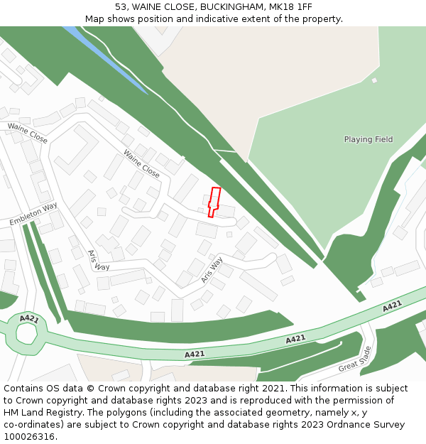 53, WAINE CLOSE, BUCKINGHAM, MK18 1FF: Location map and indicative extent of plot