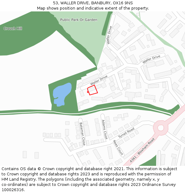 53, WALLER DRIVE, BANBURY, OX16 9NS: Location map and indicative extent of plot