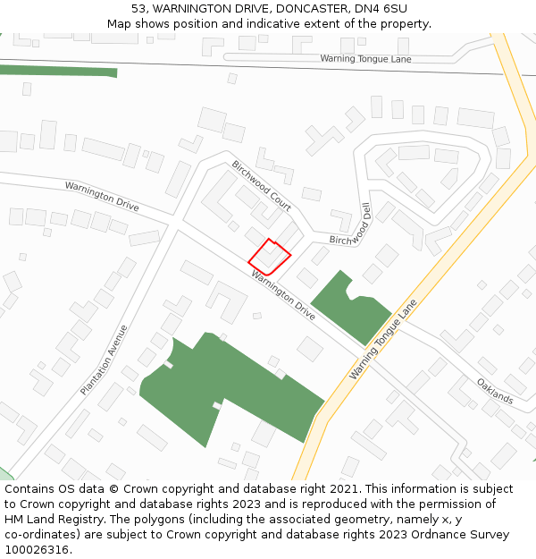 53, WARNINGTON DRIVE, DONCASTER, DN4 6SU: Location map and indicative extent of plot