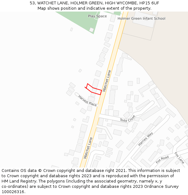 53, WATCHET LANE, HOLMER GREEN, HIGH WYCOMBE, HP15 6UF: Location map and indicative extent of plot