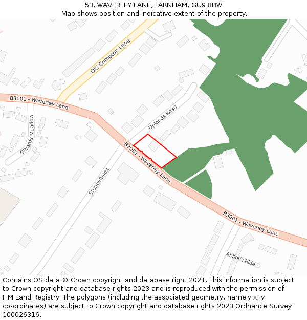 53, WAVERLEY LANE, FARNHAM, GU9 8BW: Location map and indicative extent of plot