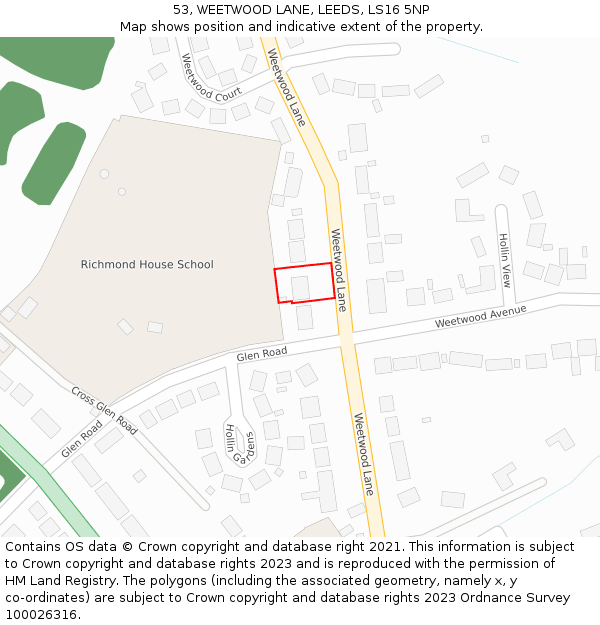 53, WEETWOOD LANE, LEEDS, LS16 5NP: Location map and indicative extent of plot