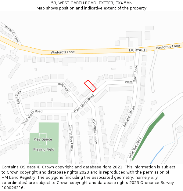 53, WEST GARTH ROAD, EXETER, EX4 5AN: Location map and indicative extent of plot