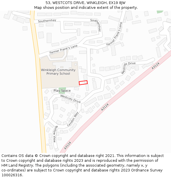 53, WESTCOTS DRIVE, WINKLEIGH, EX19 8JW: Location map and indicative extent of plot