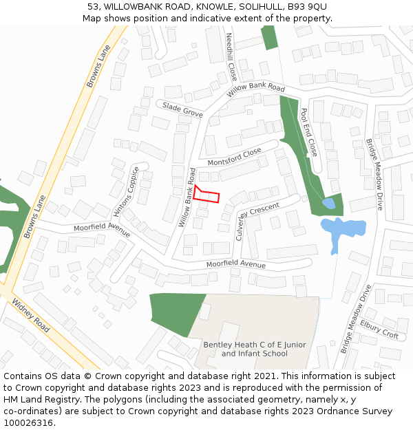 53, WILLOWBANK ROAD, KNOWLE, SOLIHULL, B93 9QU: Location map and indicative extent of plot