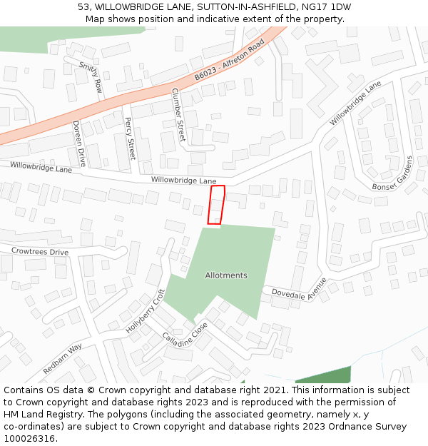 53, WILLOWBRIDGE LANE, SUTTON-IN-ASHFIELD, NG17 1DW: Location map and indicative extent of plot