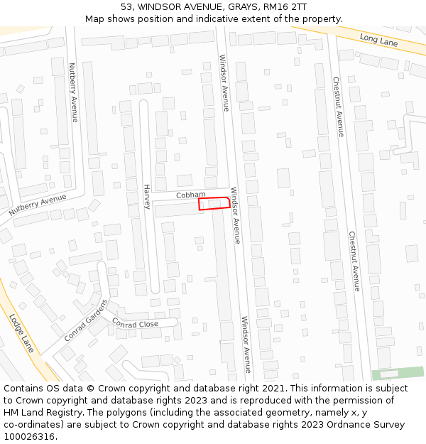 53, WINDSOR AVENUE, GRAYS, RM16 2TT: Location map and indicative extent of plot