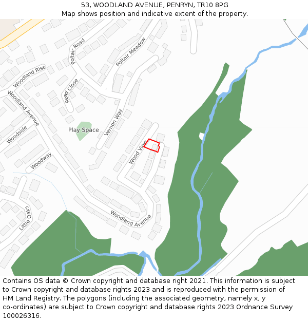 53, WOODLAND AVENUE, PENRYN, TR10 8PG: Location map and indicative extent of plot