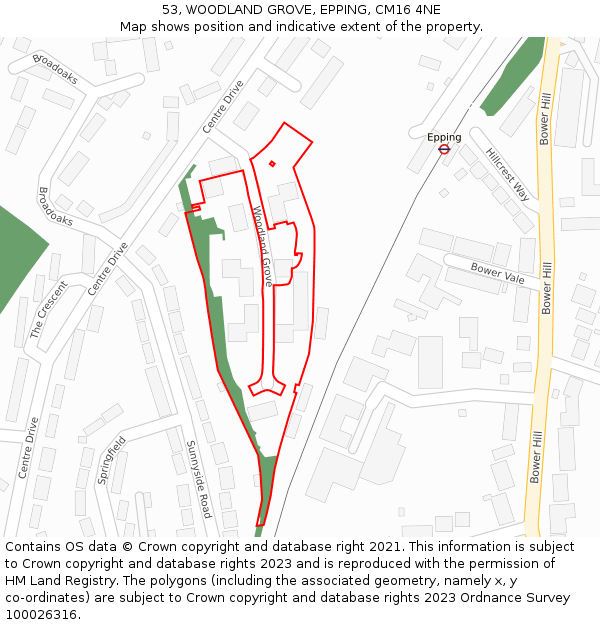 53, WOODLAND GROVE, EPPING, CM16 4NE: Location map and indicative extent of plot