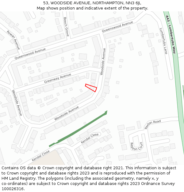 53, WOODSIDE AVENUE, NORTHAMPTON, NN3 6JL: Location map and indicative extent of plot