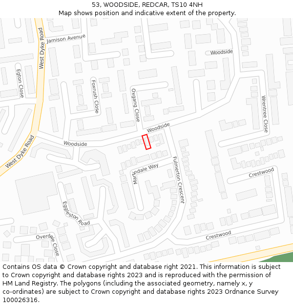 53, WOODSIDE, REDCAR, TS10 4NH: Location map and indicative extent of plot