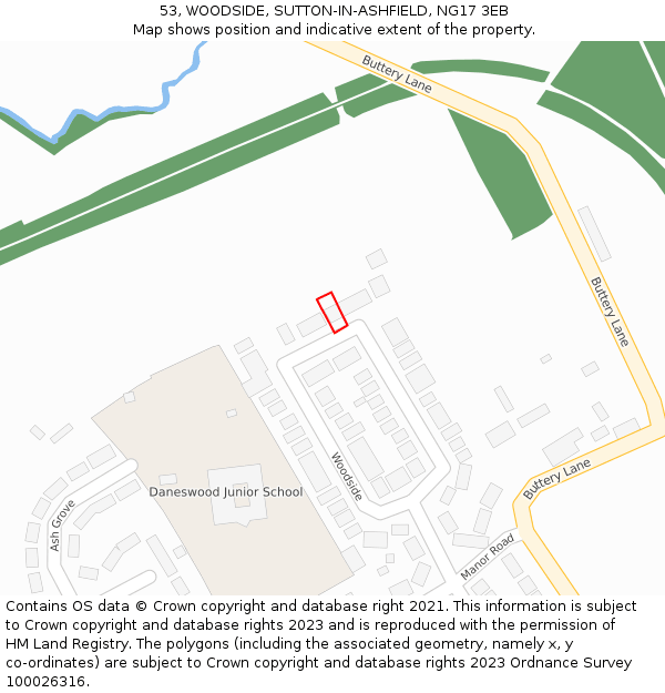 53, WOODSIDE, SUTTON-IN-ASHFIELD, NG17 3EB: Location map and indicative extent of plot