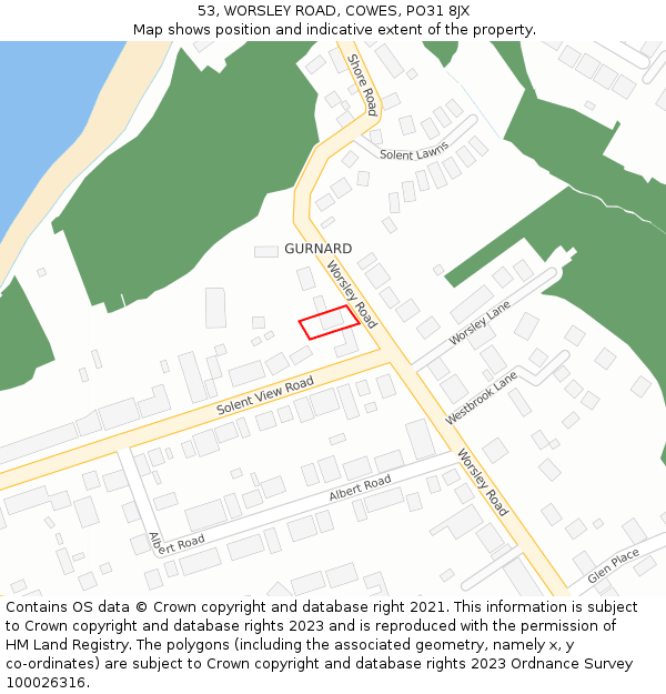 53, WORSLEY ROAD, COWES, PO31 8JX: Location map and indicative extent of plot