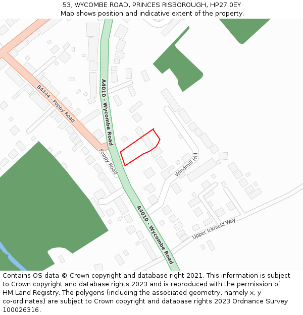 53, WYCOMBE ROAD, PRINCES RISBOROUGH, HP27 0EY: Location map and indicative extent of plot