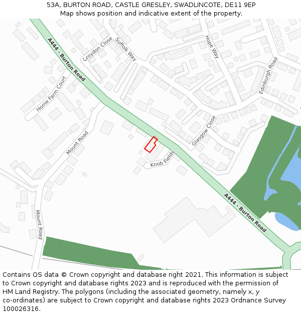 53A, BURTON ROAD, CASTLE GRESLEY, SWADLINCOTE, DE11 9EP: Location map and indicative extent of plot