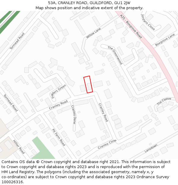 53A, CRANLEY ROAD, GUILDFORD, GU1 2JW: Location map and indicative extent of plot