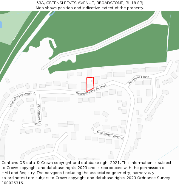 53A, GREENSLEEVES AVENUE, BROADSTONE, BH18 8BJ: Location map and indicative extent of plot