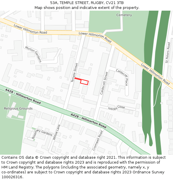 53A, TEMPLE STREET, RUGBY, CV21 3TB: Location map and indicative extent of plot