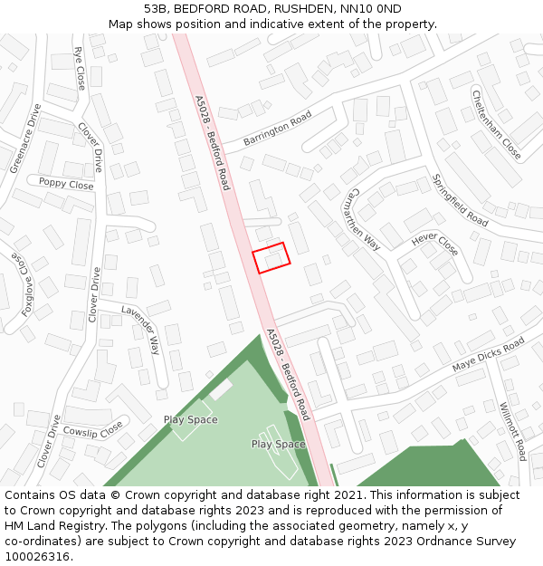 53B, BEDFORD ROAD, RUSHDEN, NN10 0ND: Location map and indicative extent of plot