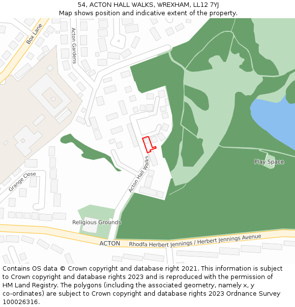 54, ACTON HALL WALKS, WREXHAM, LL12 7YJ: Location map and indicative extent of plot