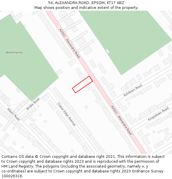 54, ALEXANDRA ROAD, EPSOM, KT17 4BZ: Location map and indicative extent of plot