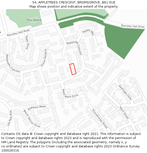 54, APPLETREES CRESCENT, BROMSGROVE, B61 0UE: Location map and indicative extent of plot