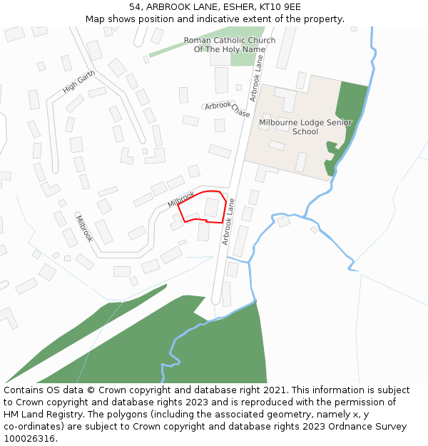 54, ARBROOK LANE, ESHER, KT10 9EE: Location map and indicative extent of plot