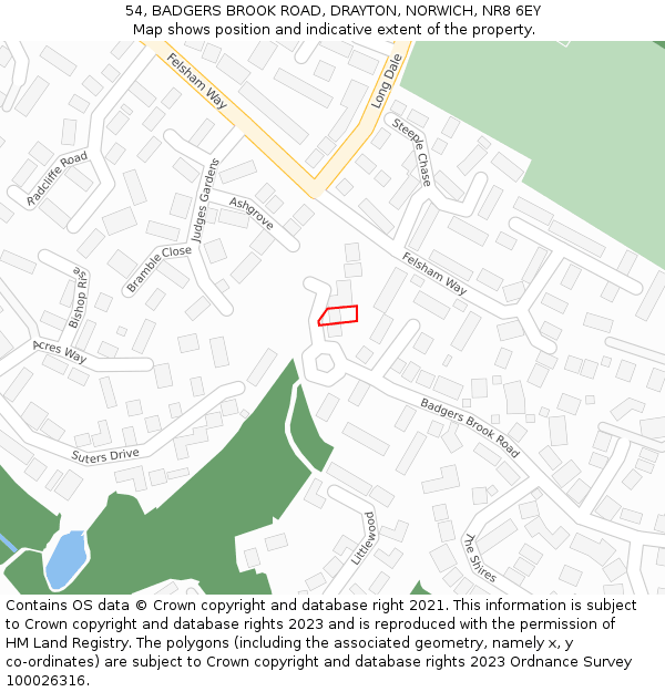 54, BADGERS BROOK ROAD, DRAYTON, NORWICH, NR8 6EY: Location map and indicative extent of plot