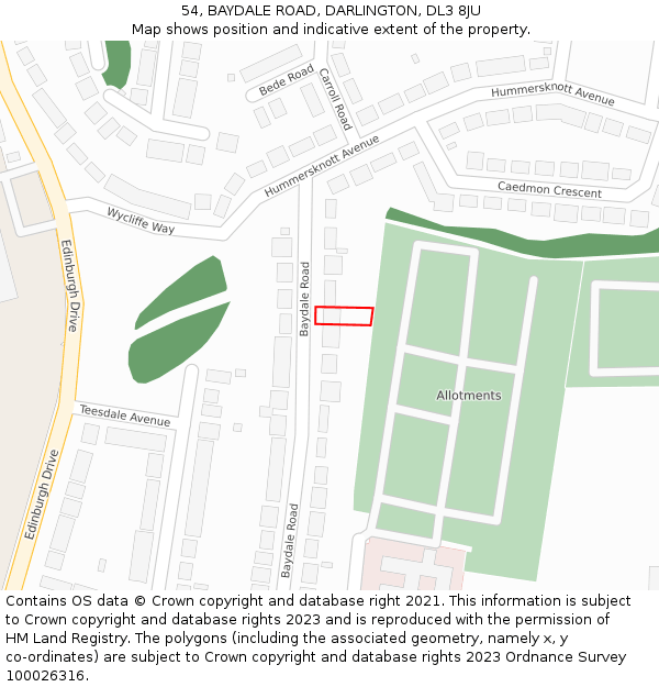 54, BAYDALE ROAD, DARLINGTON, DL3 8JU: Location map and indicative extent of plot