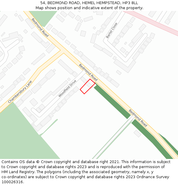 54, BEDMOND ROAD, HEMEL HEMPSTEAD, HP3 8LL: Location map and indicative extent of plot