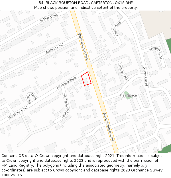 54, BLACK BOURTON ROAD, CARTERTON, OX18 3HF: Location map and indicative extent of plot
