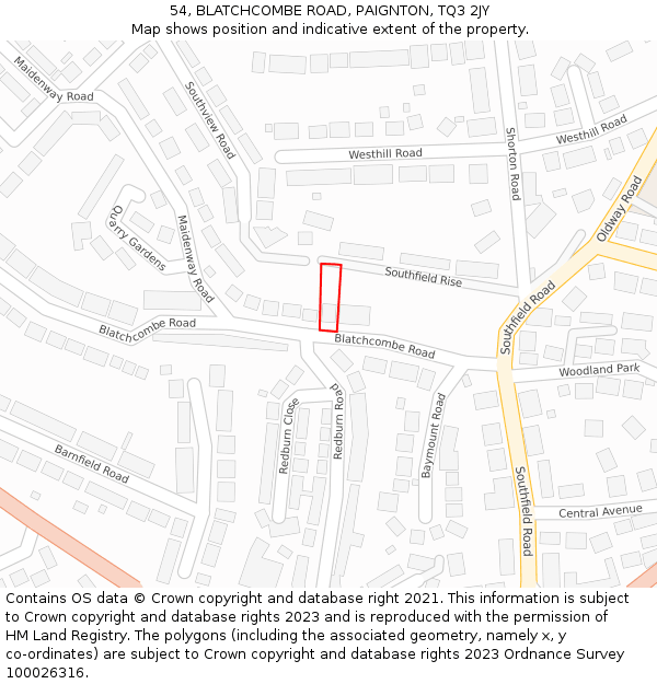 54, BLATCHCOMBE ROAD, PAIGNTON, TQ3 2JY: Location map and indicative extent of plot