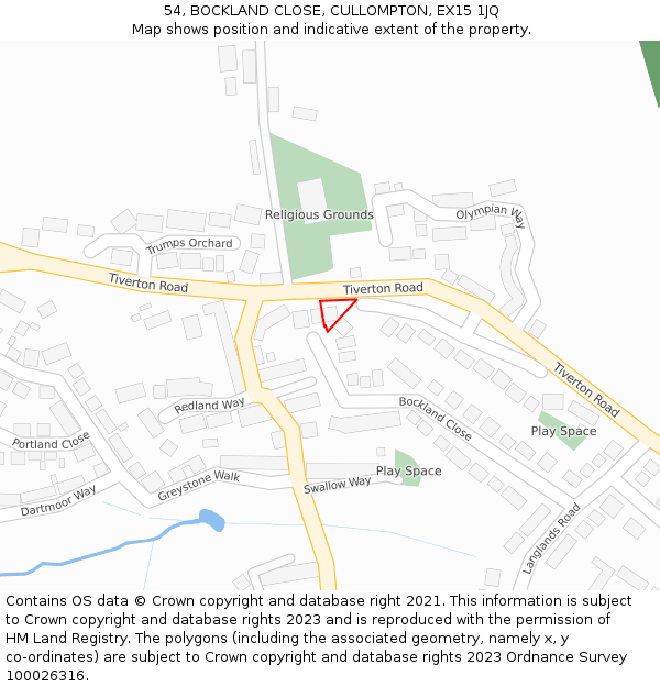 54, BOCKLAND CLOSE, CULLOMPTON, EX15 1JQ: Location map and indicative extent of plot