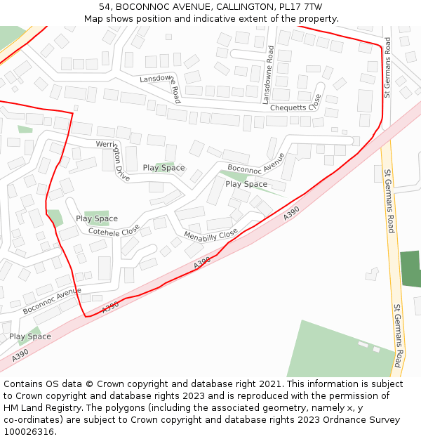 54, BOCONNOC AVENUE, CALLINGTON, PL17 7TW: Location map and indicative extent of plot