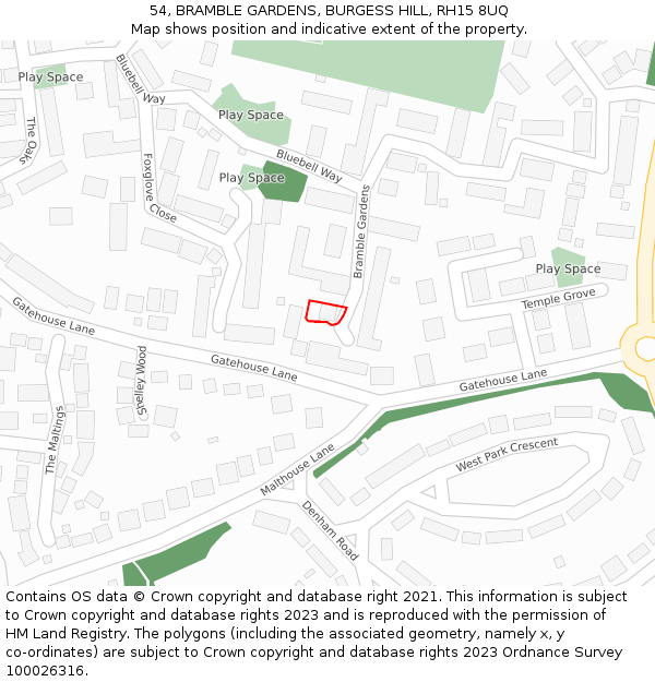 54, BRAMBLE GARDENS, BURGESS HILL, RH15 8UQ: Location map and indicative extent of plot