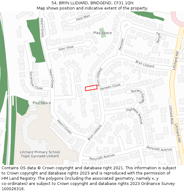 54, BRYN LLIDIARD, BRIDGEND, CF31 1QN: Location map and indicative extent of plot