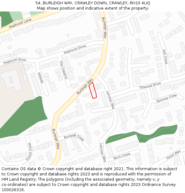 54, BURLEIGH WAY, CRAWLEY DOWN, CRAWLEY, RH10 4UQ: Location map and indicative extent of plot