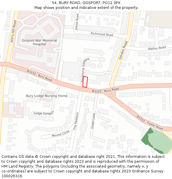 54, BURY ROAD, GOSPORT, PO12 3PX: Location map and indicative extent of plot