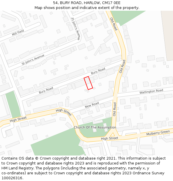 54, BURY ROAD, HARLOW, CM17 0EE: Location map and indicative extent of plot