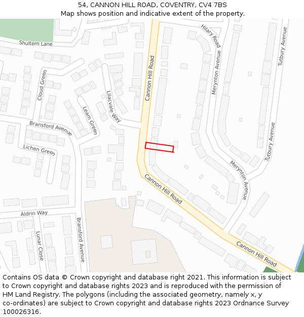 54, CANNON HILL ROAD, COVENTRY, CV4 7BS: Location map and indicative extent of plot