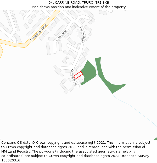 54, CARRINE ROAD, TRURO, TR1 3XB: Location map and indicative extent of plot