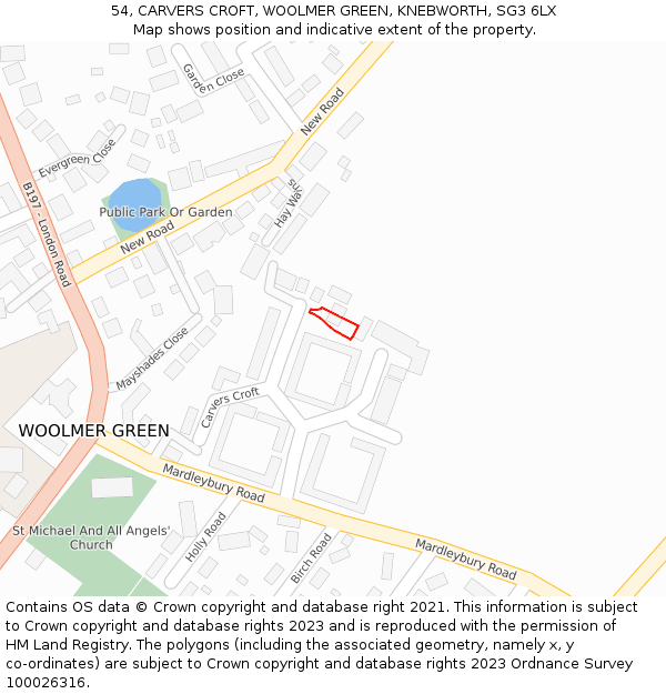 54, CARVERS CROFT, WOOLMER GREEN, KNEBWORTH, SG3 6LX: Location map and indicative extent of plot