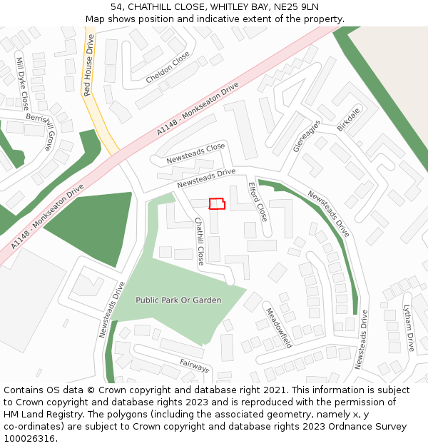 54, CHATHILL CLOSE, WHITLEY BAY, NE25 9LN: Location map and indicative extent of plot