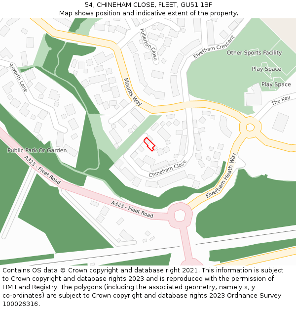 54, CHINEHAM CLOSE, FLEET, GU51 1BF: Location map and indicative extent of plot