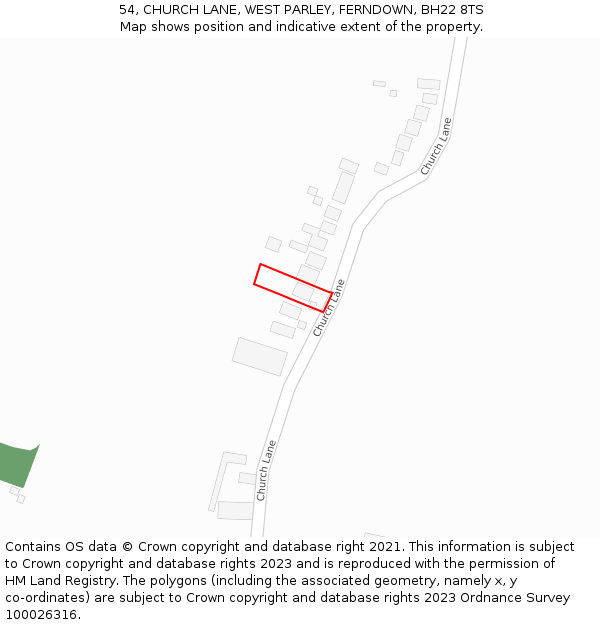 54, CHURCH LANE, WEST PARLEY, FERNDOWN, BH22 8TS: Location map and indicative extent of plot